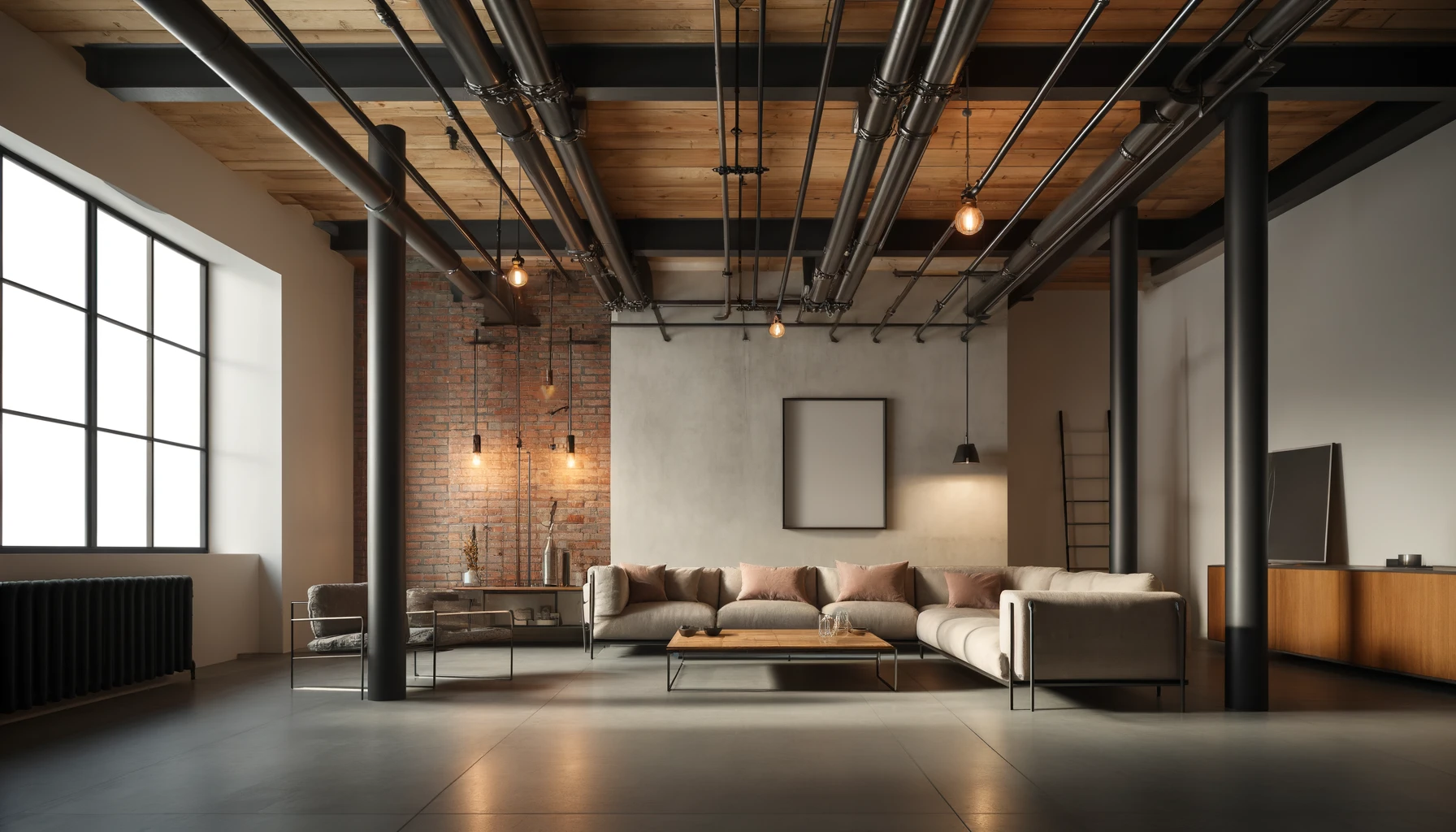 Minimalist Living Room Featuring Exposed Steel Pipes, Wooden Beams, And A Brick Feature Wall.