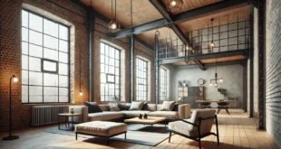 Modern Industrial Living Room You Requested, Showcasing The Exposed Brick Walls, Large Metal Framed Windows, And Minimalist Design Elements.