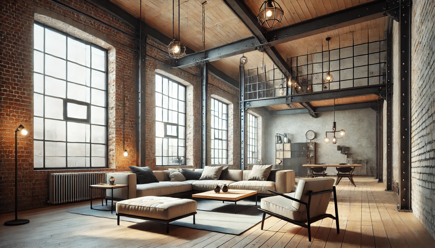 modern industrial living room you requested, showcasing the exposed brick walls, large metal-framed windows, and minimalist design elements.