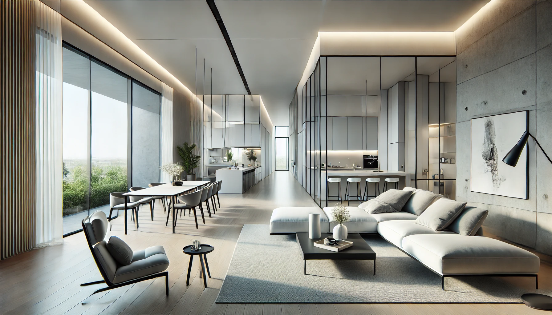 Modern Open Concept Living Room That Merges Seamlessly With A Dining Area And Kitchen. It Features Minimalist Furniture, Large Windows, And A Sleek, Clean Design.