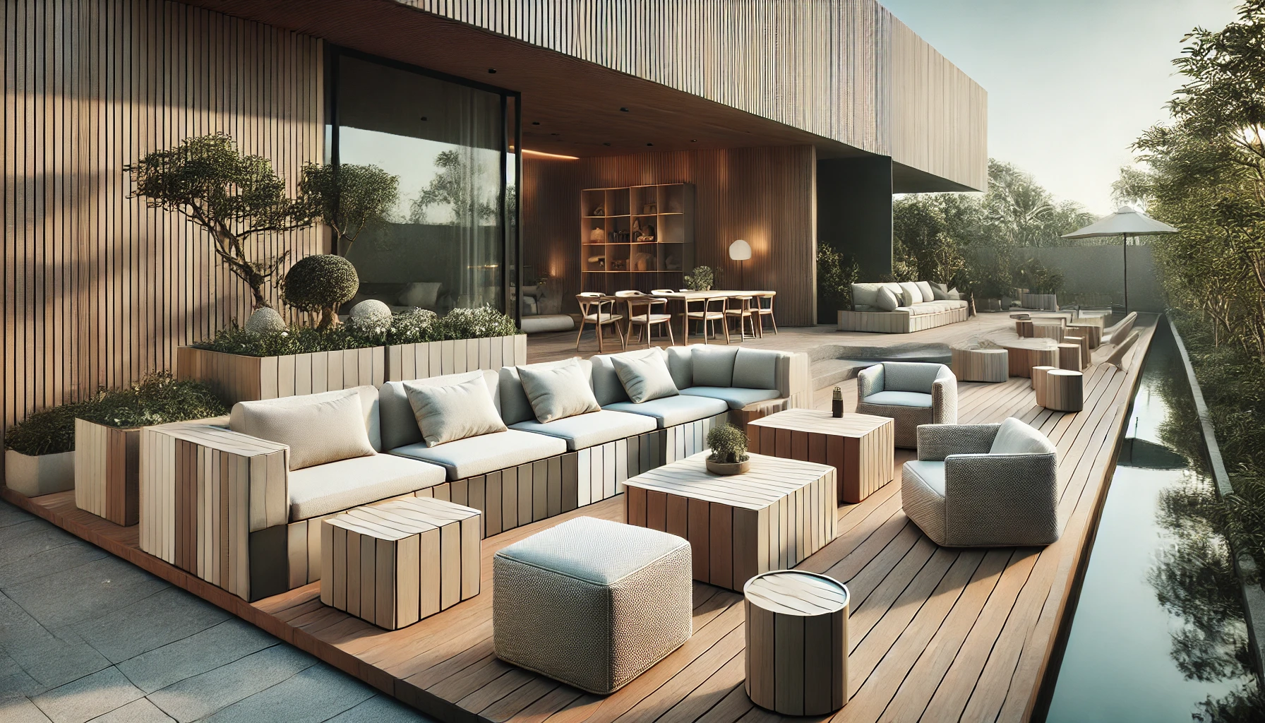 Modern Outdoor Setup Featuring Eco Friendly Furniture Made From Sustainable Materials, With Modular Seating Arrangements And A Stylish Design.