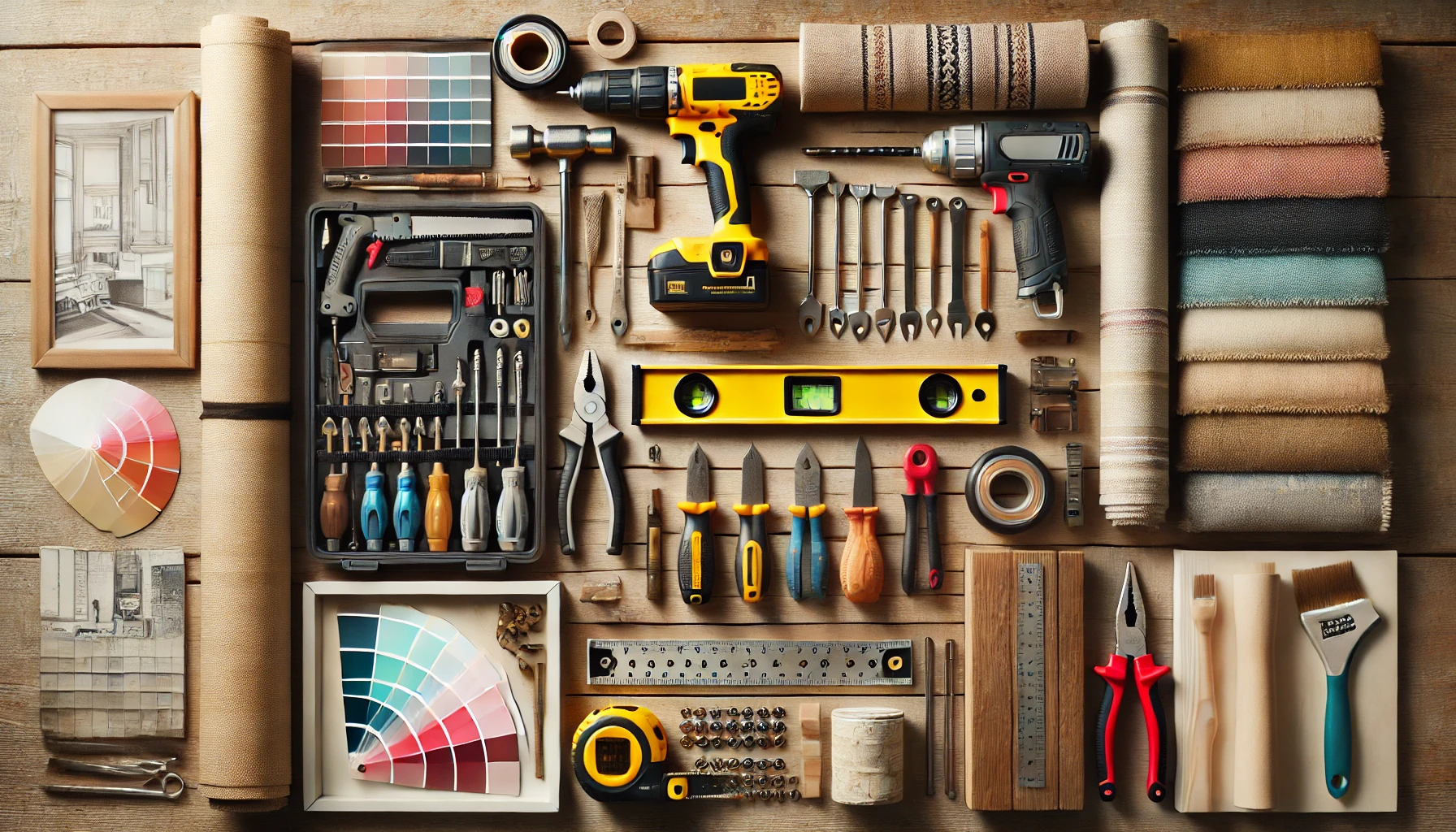 neatly organized DIY toolkit on a wooden table, showcasing essential tools and décor materials.