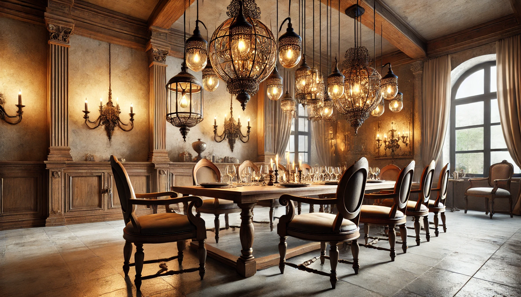 Rustic Dining Area With Wrought Iron Chandeliers, Wooden Pendant Lights, And Natural Materials.