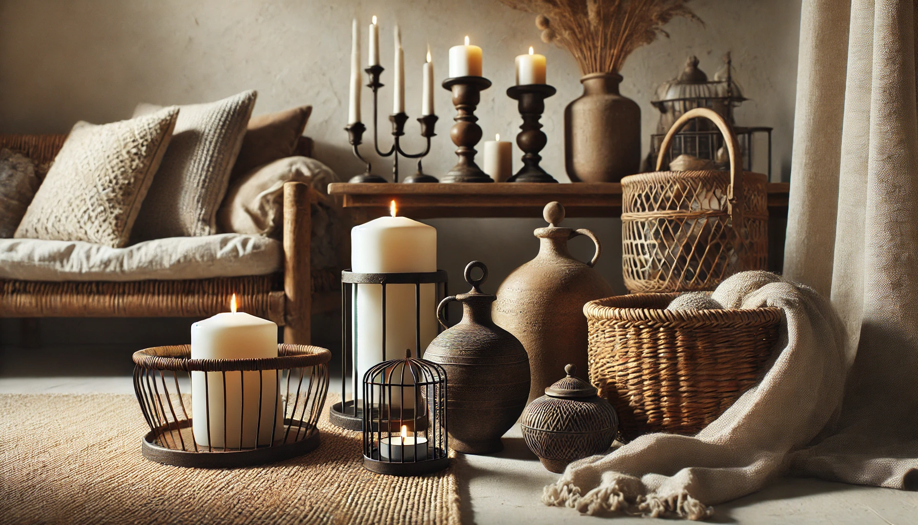 Rustic Living Room Decorated With Small But Impactful Accessories Like Woven Baskets, Metal Candle Holders, And Ceramic Pottery.