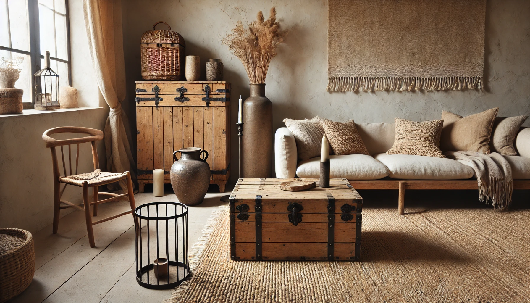 Rustic Living Room With Minimal, Impactful Decor, Featuring A Large Vintage Wooden Chest, Woven Rugs, And Iron Candle Holders.