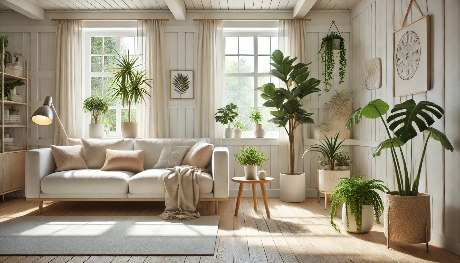 Serene Scandinavian Living Room, Filled With Natural Light, Houseplants, And Calming Decor, Designed To Promote Relaxation And Mental Clarity.