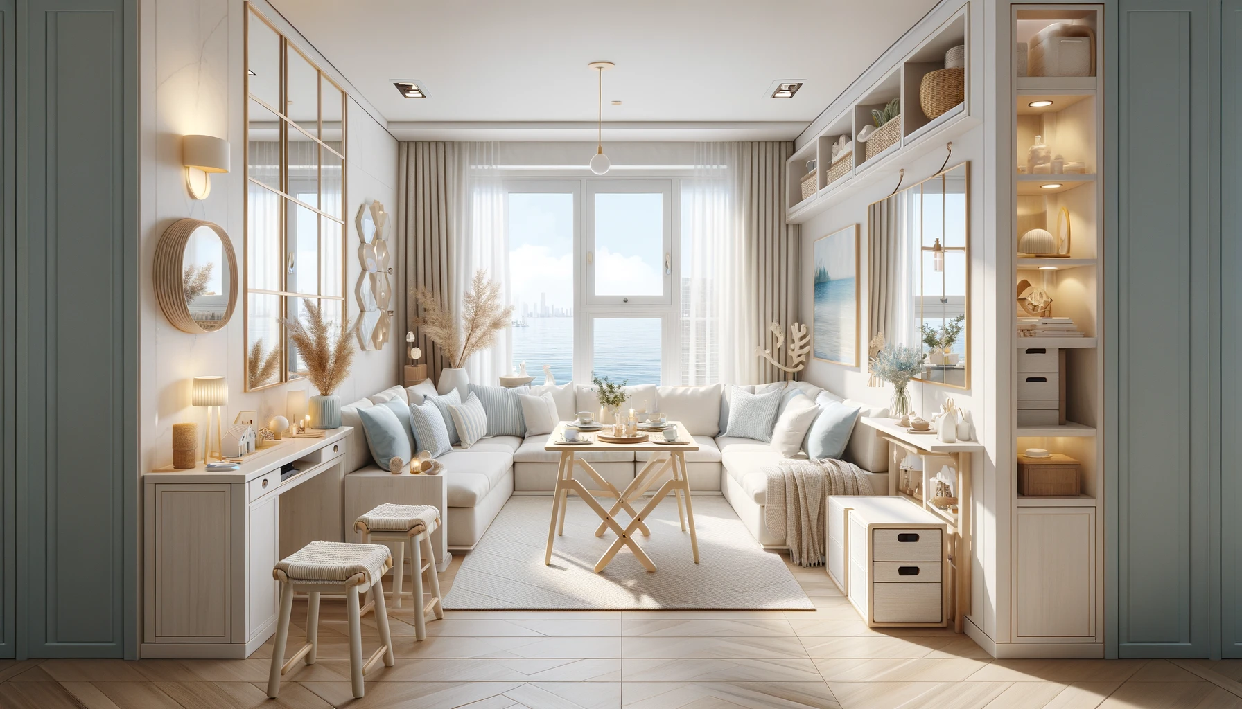 small coastal-inspired home, designed to feel airy and spacious with light colors and multifunctional furniture.