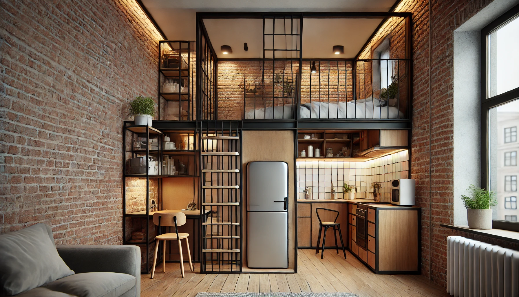 Small Industrial Apartment With Exposed Brick Walls, Minimalist Steel Framed Furniture, And Clever Storage Solutions.