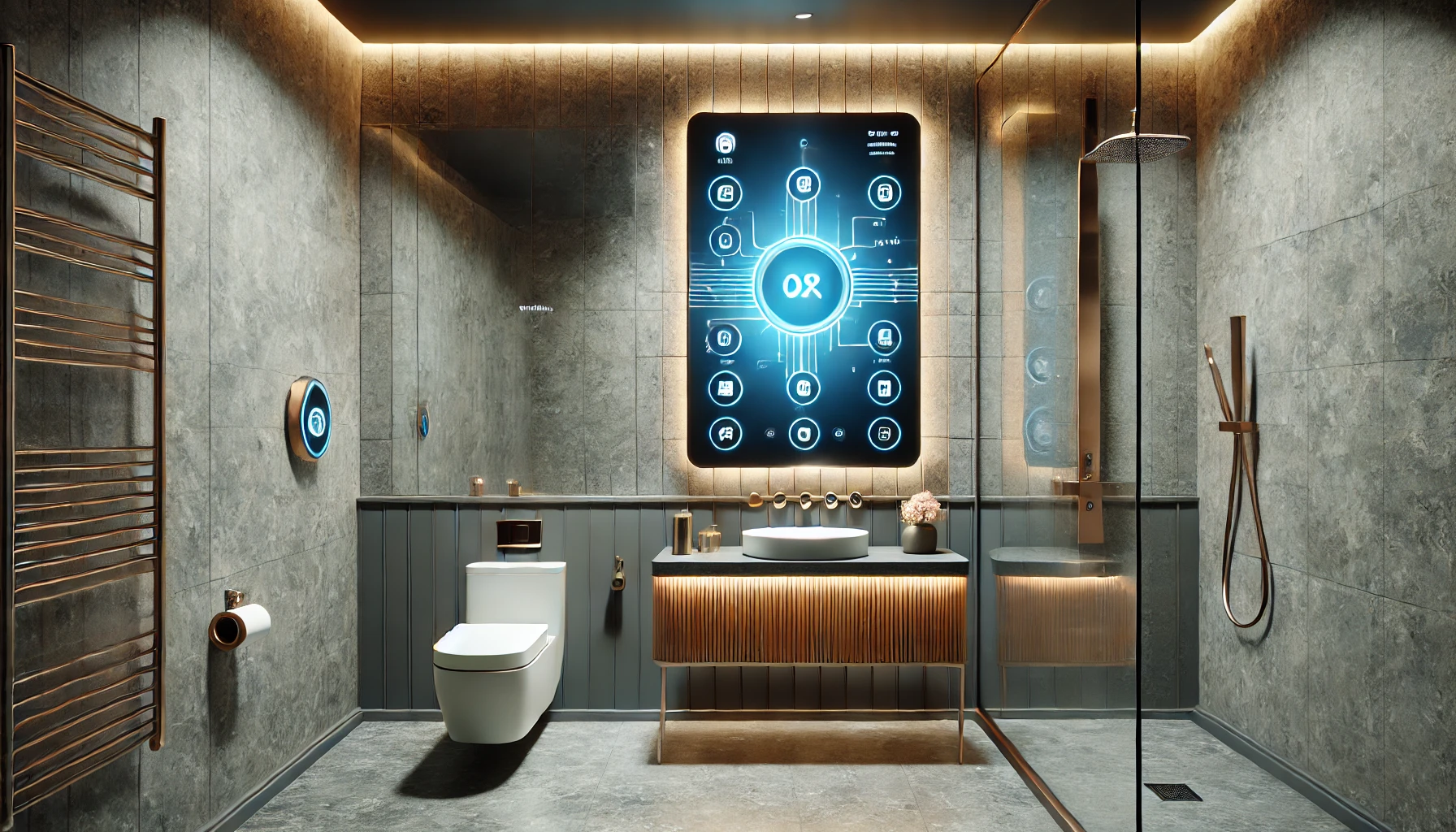 smart bathroom featuring a touchscreen mirror, automated shower system, and voice-controlled lighting.