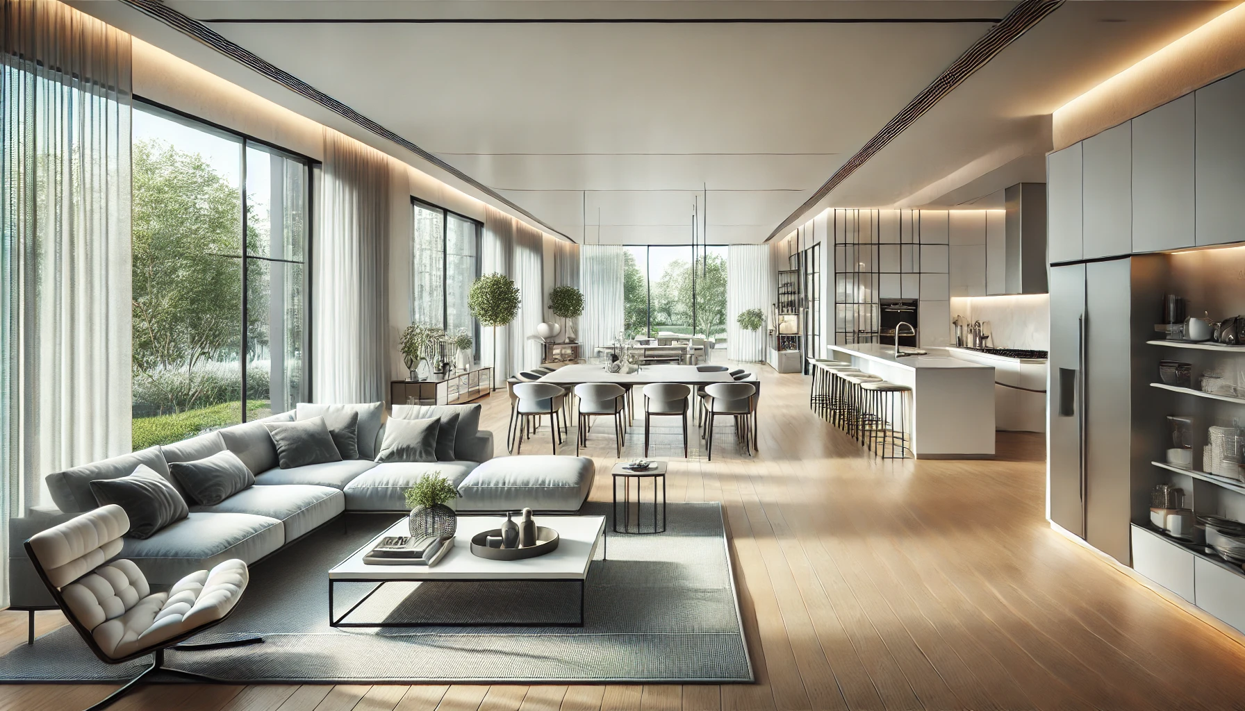 spacious open floor plan with the kitchen, dining, and living areas connected, allowing natural light to flow throughout. It features elegant modern furnishings and décor.