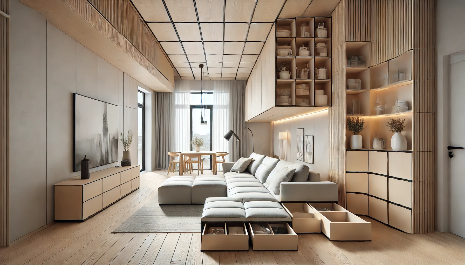 Stylish And Functional Scandinavian Living Room With Multi Functional Furniture Like A Storage Bench And Modular Sofa, Featuring An Open Plan Layout With Ample Space For Movement.