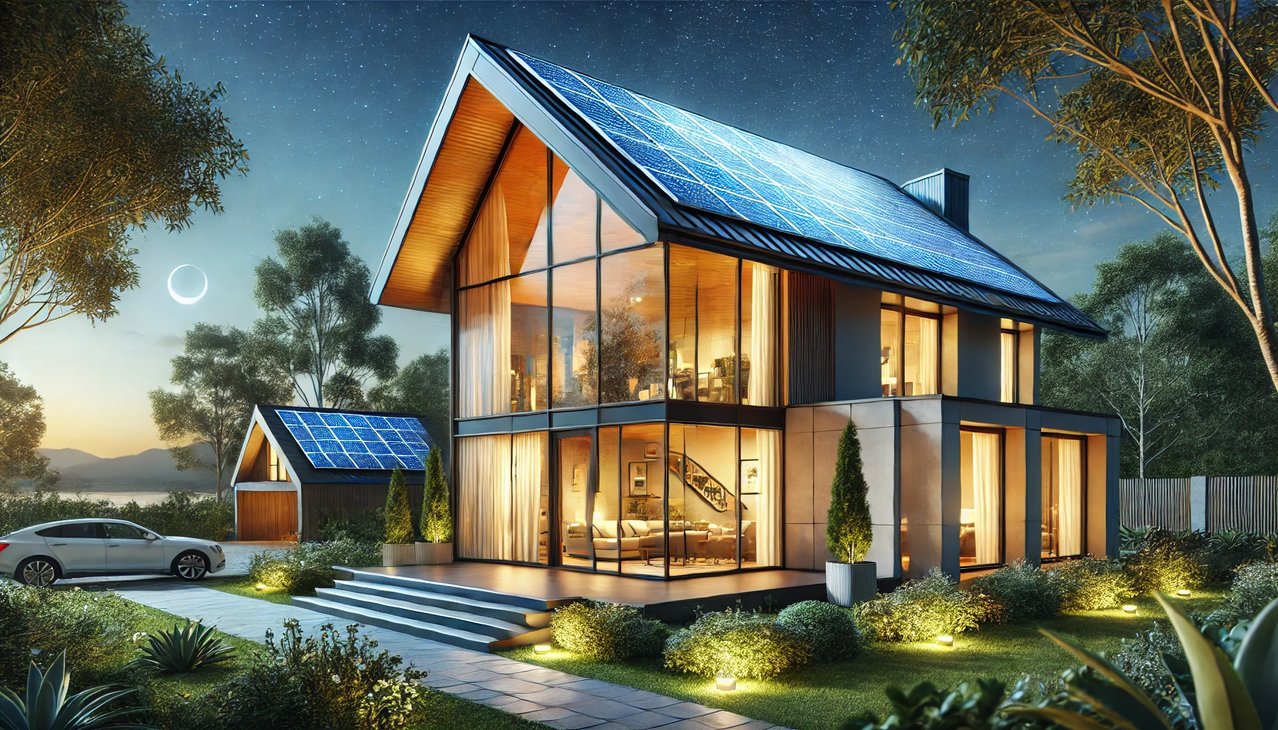 sustainable home exterior featuring solar panels, energy-efficient windows, and a passive solar design with large windows that maximize natural light.