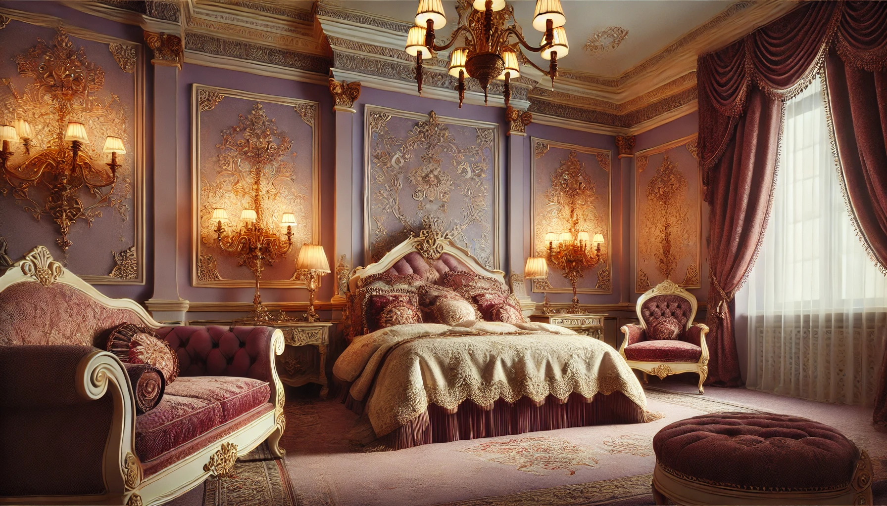 The Victorian Bedroom With Soft Lavender Walls, Intricate Wallpaper, Plush Furnishings In Rich Burgundy And Gold, And Elegant Lighting Fixtures.