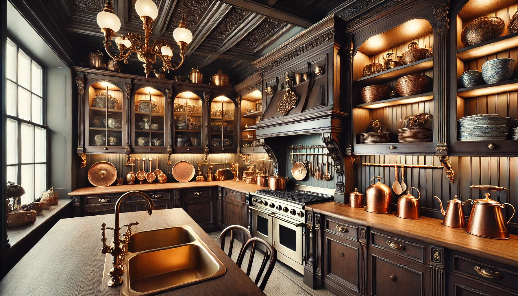 The Victorian Inspired Kitchen With Dark Wooden Cabinetry, Brass Fixtures, Vintage Lighting, And A Large Farmhouse Sink, Along With Open Shelving Displaying Beautiful Copper Cookware.