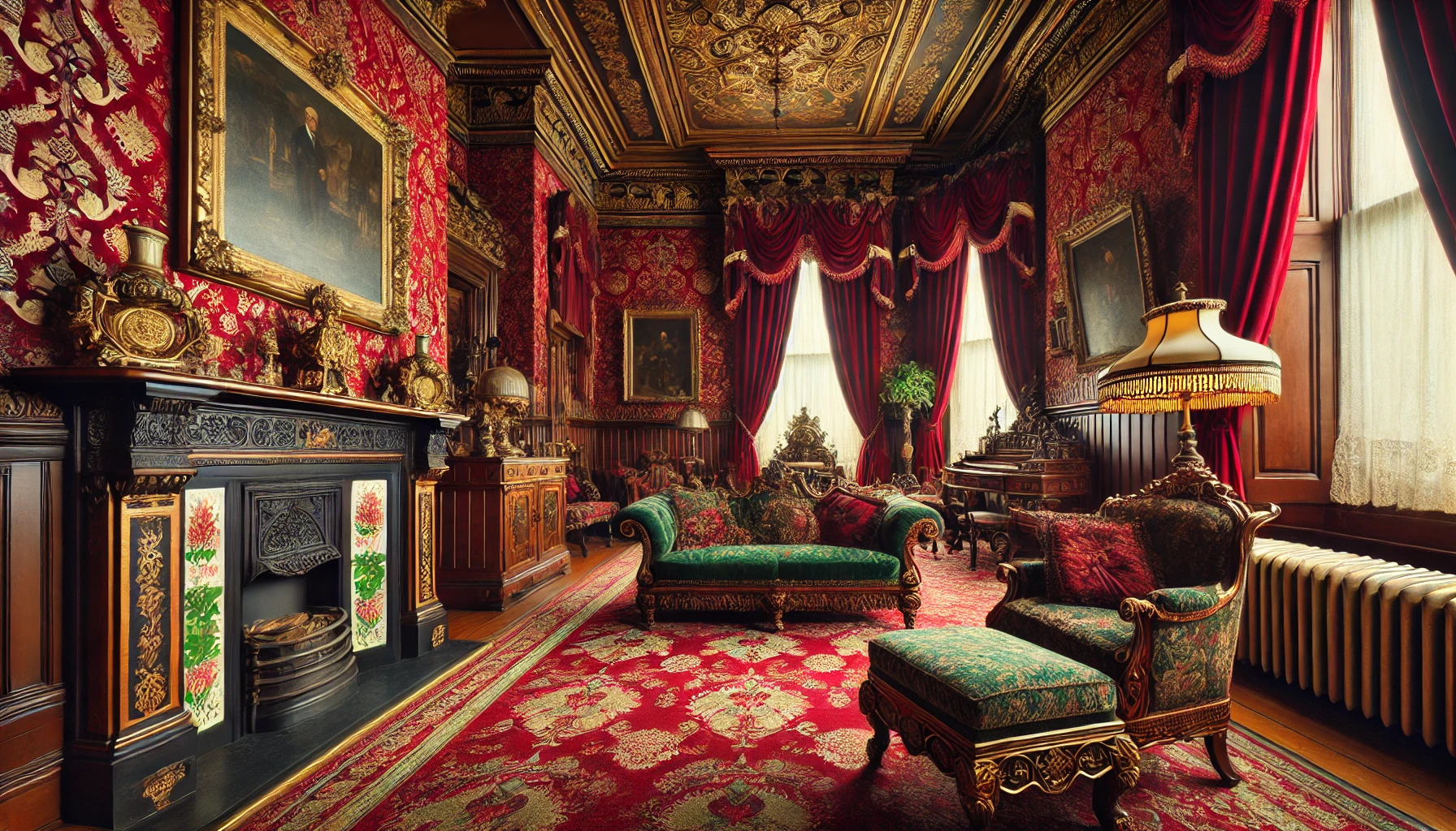 The Victorian Interior Adorned With Deep Red And Dark Green Tones, Highlighted By Gold And Brass Accents, With Elegant Wallpaper And Vintage Wooden Furniture Completing The Space.