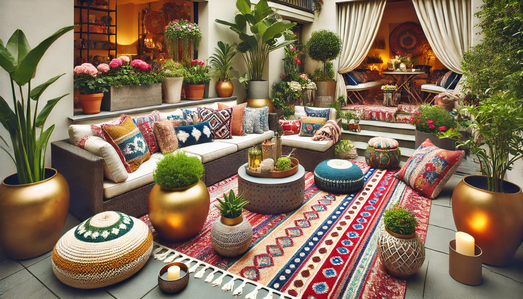 The Chic Outdoor Seating Area Decorated With Vibrant Outdoor Rugs, Decorative Planters, And Cozy Accents, Designed For Relaxation And Style.