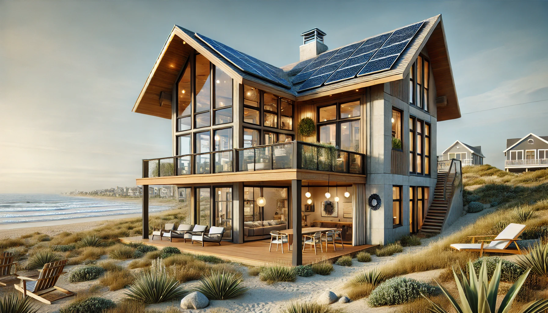 the coastal home with sustainable features, including energy-efficient windows, solar panels, and natural ventilation.