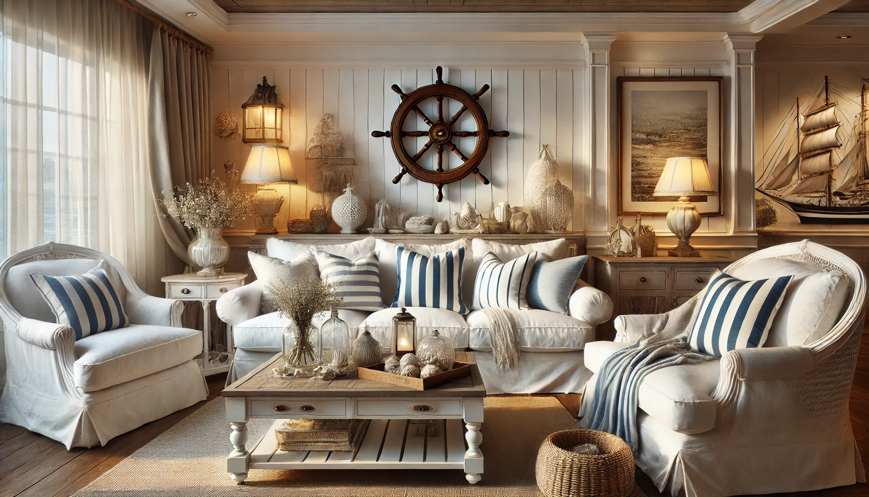 The Cozy Living Room With Classic Coastal Design Elements, Including Striped Cushions, White Slipcovered Furniture, And Nautical Decor.