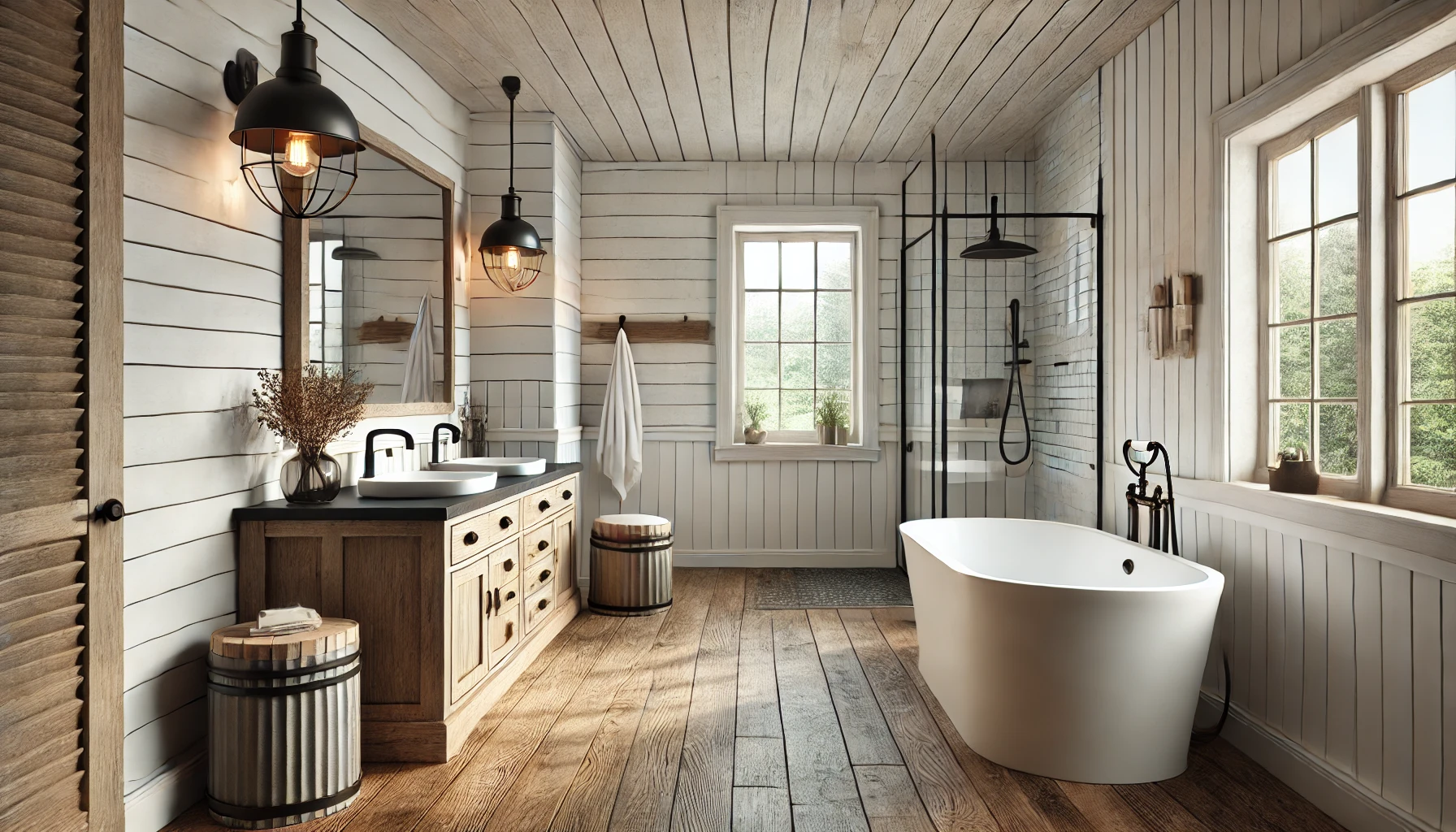 The Design Of A Modern Farmhouse Bathroom, Blending Rustic Charm With Sleek Modern Elements.