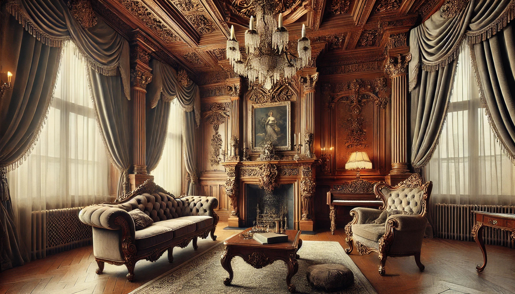 The Elegant Victorian Living Room Featuring A Carved Wooden Fireplace, Plush Velvet Furniture, And A Grand Chandelier, With Richly Textured Walls And Draped Curtains Adding Luxury.