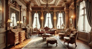 The Elegant Victorian Style Living Room Featuring Ornate Details, High Ceilings, Rich Wooden Furniture, And Vintage Accents, With Soft Natural Light Streaming In From Tall Windows.