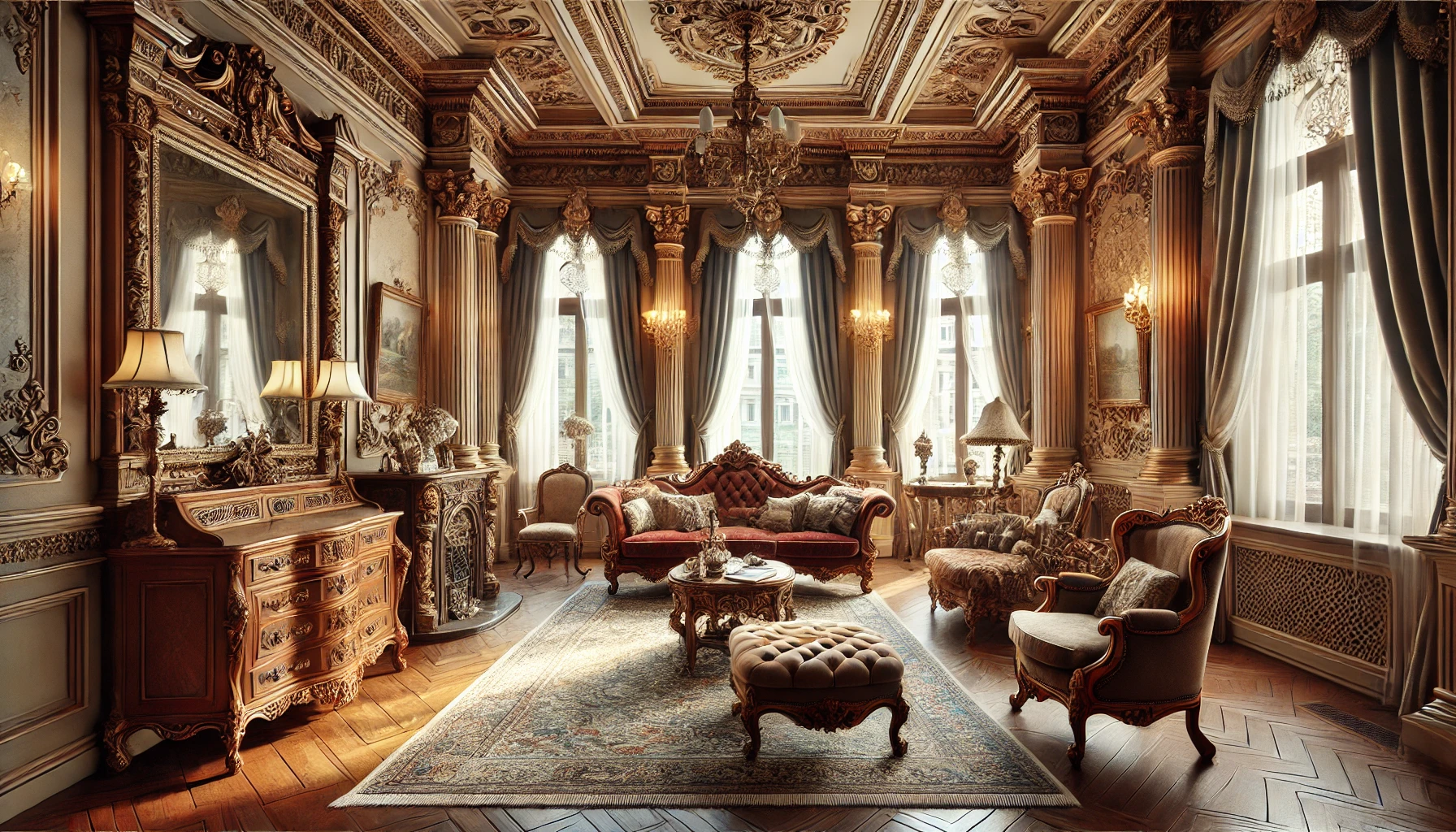 The Elegant Victorian Style Living Room Featuring Ornate Details, High Ceilings, Rich Wooden Furniture, And Vintage Accents, With Soft Natural Light Streaming In From Tall Windows.