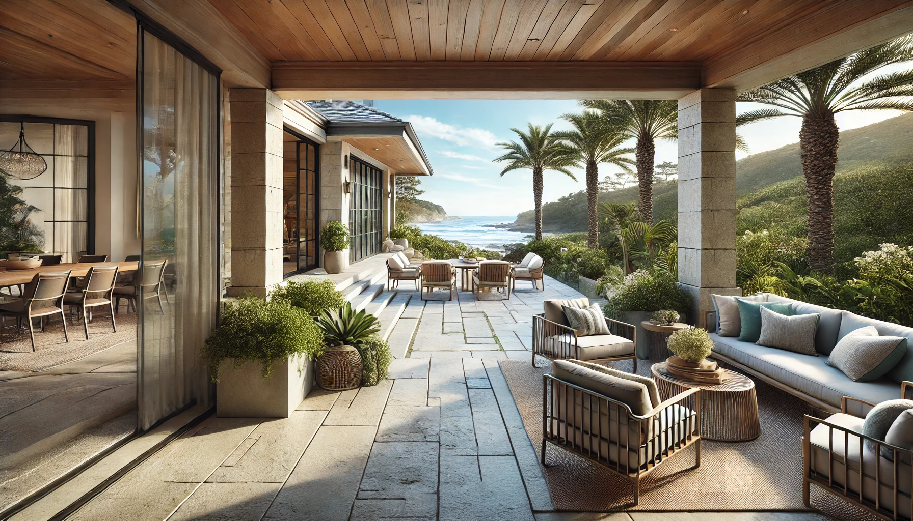 the elegant coastal home patio, seamlessly blending indoor and outdoor living with natural stone flooring, comfortable seating, and a stunning ocean view.