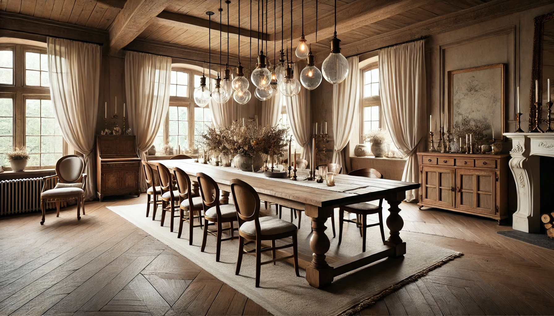 The Elegant Farmhouse Dining Room Featuring A Large Wooden Table, Vintage Chairs, Rustic Light Fixtures, And A Timeless, Inviting Look Created By Neutral Colors And Natural Materials.