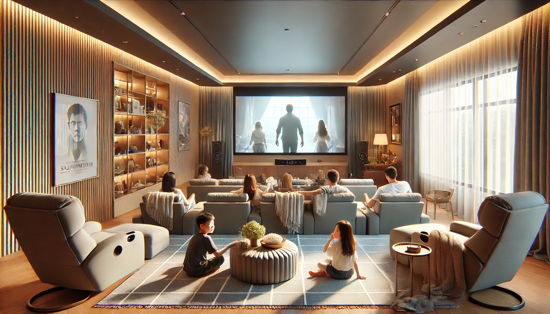 The Family Friendly Home Theater Setup Showing Parents And Children Enjoying A Movie In A Stylish, Comfortable Space.