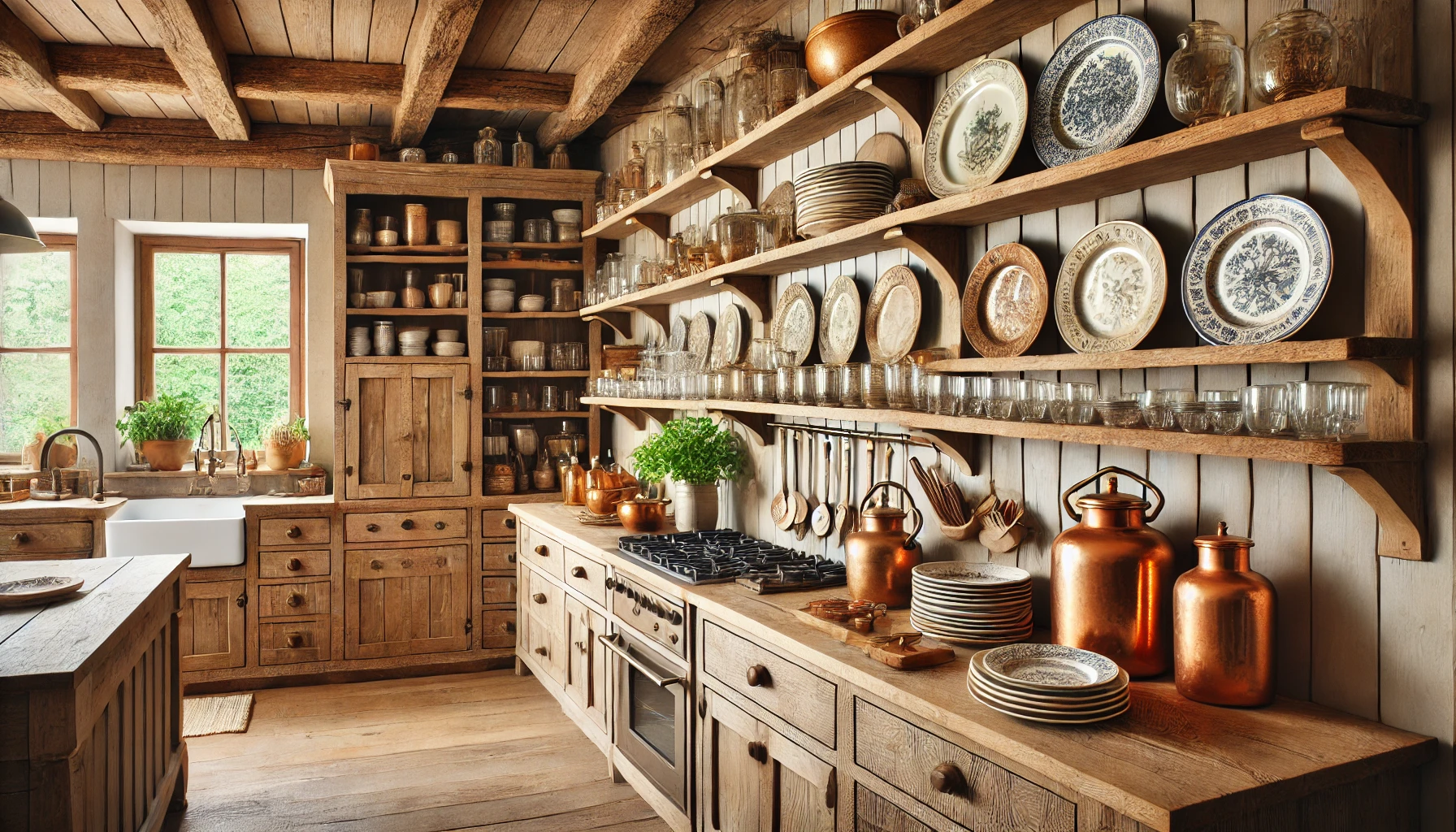 The Farmhouse Kitchen With Open Wooden Shelves Displaying Vintage Plates, Glassware, And Copper Pots, Along With A Rustic Pantry Cabinet In The Background.