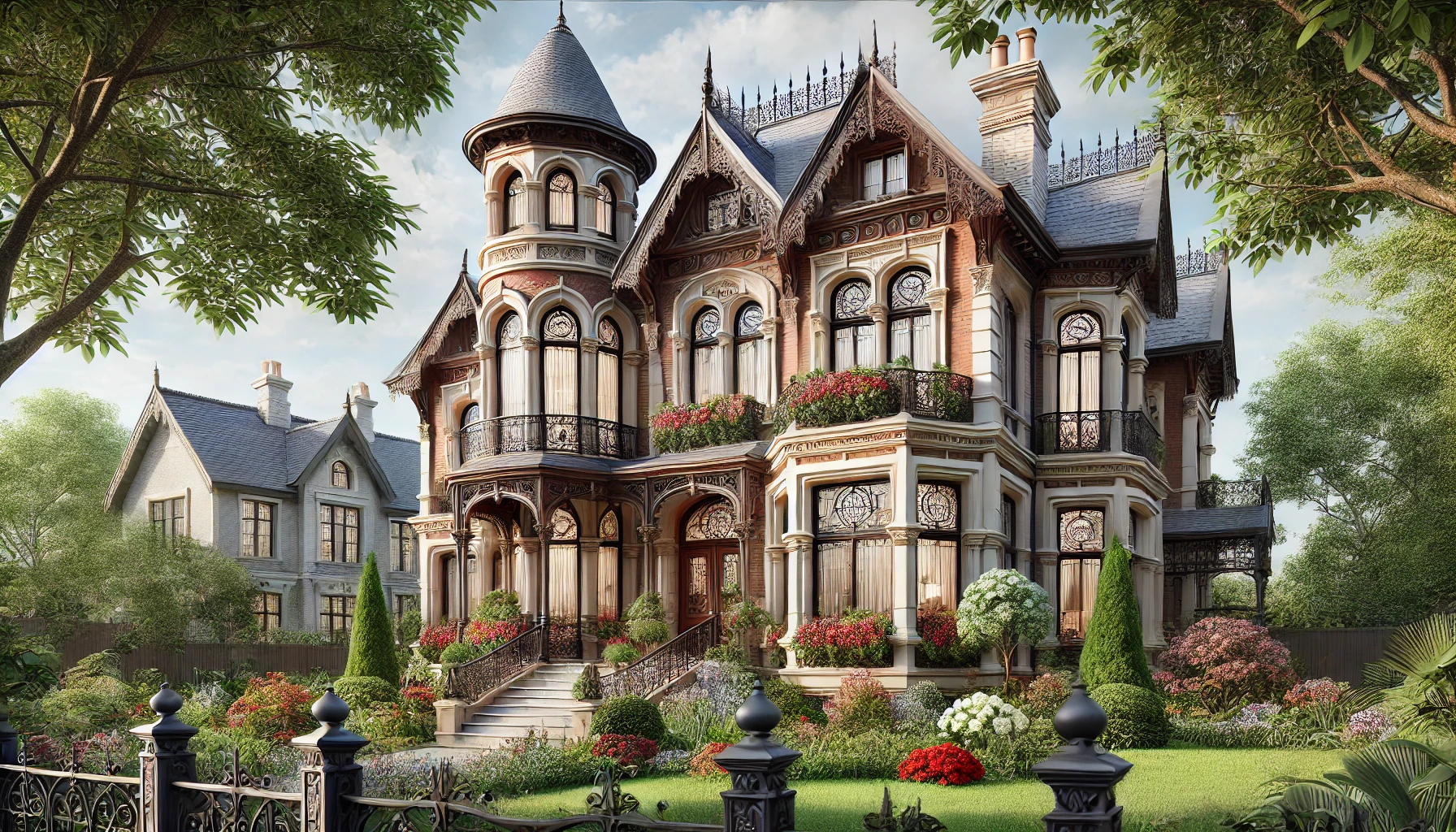 The Grand Victorian Home Exterior, Featuring Tall Arched Windows, Intricate Woodwork, A Tower With A Conical Roof, A Lush Garden, And Detailed Iron Railings.