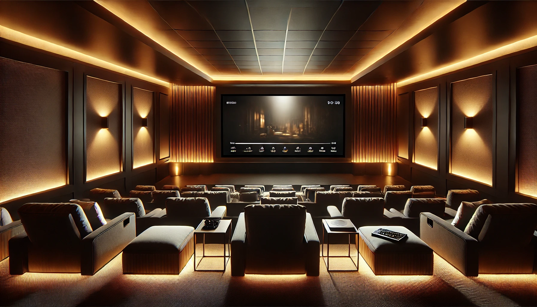 The Home Theater Image With Ambient, Dimmable Lighting, A Large Screen, And Cozy Seating To Create A Cinematic Atmosphere.