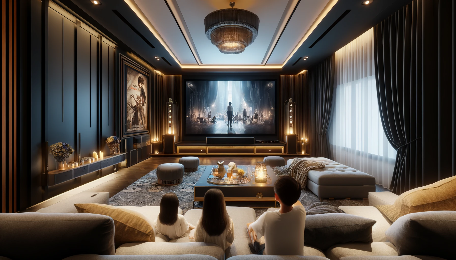 The Image Of A Cozy, Luxurious Home Theater With A Family Enjoying A Movie In A Stylish, Modern Living Room.