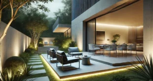 The Image Of A Modern Outdoor Patio With Sleek Furniture, Minimalist Design, And Ambient Lighting, Set In A Lush, Landscaped Backyard.