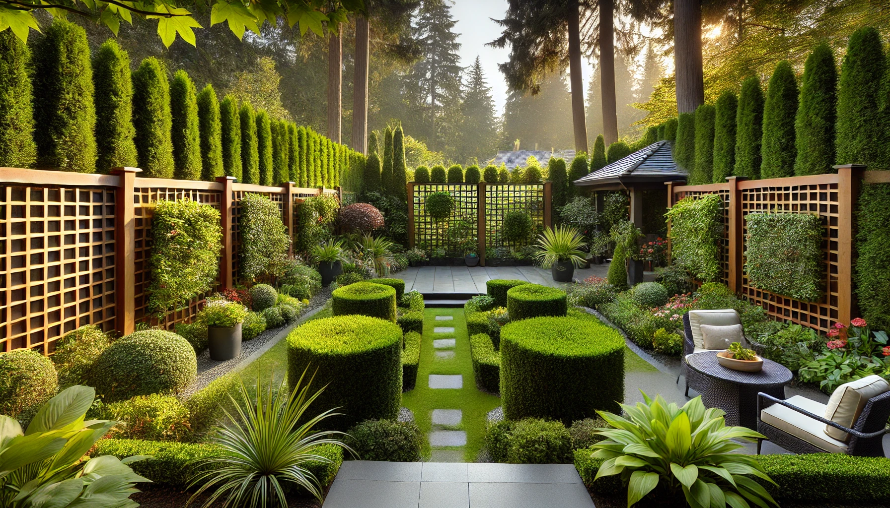 The Image Of A Private Backyard Oasis Featuring Tall Hedges, Privacy Screens, And Beautiful Landscaping Elements That Provide Both Seclusion And Natural Beauty.