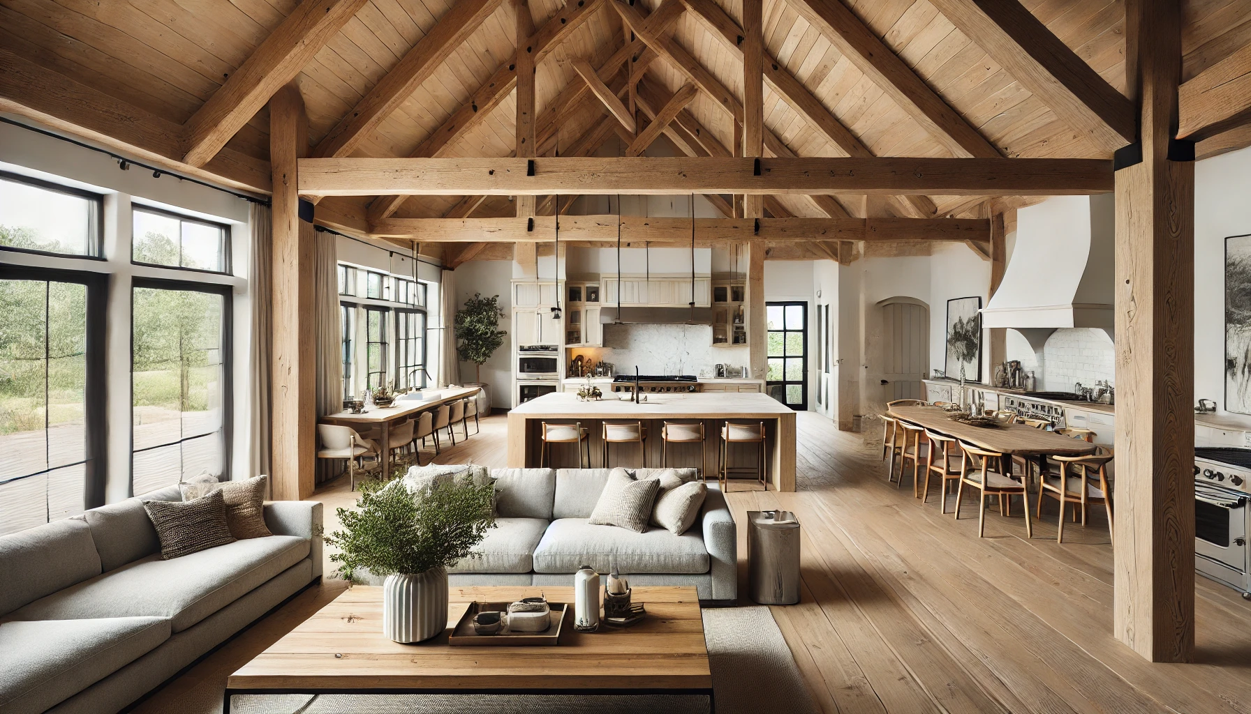 the image of a spacious modern farmhouse with an open floor plan, featuring large wooden beams, a kitchen island, and neutral furnishings that seamlessly connect the living and dining areas.