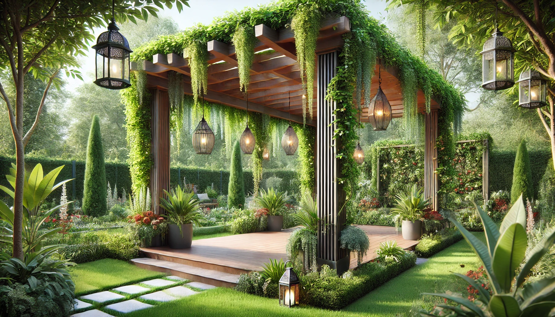 The Image Of A Stylish Pergola With Climbing Plants And Hanging Lanterns, Providing Shade And Ambiance In A Lush, Beautifully Landscaped Garden.