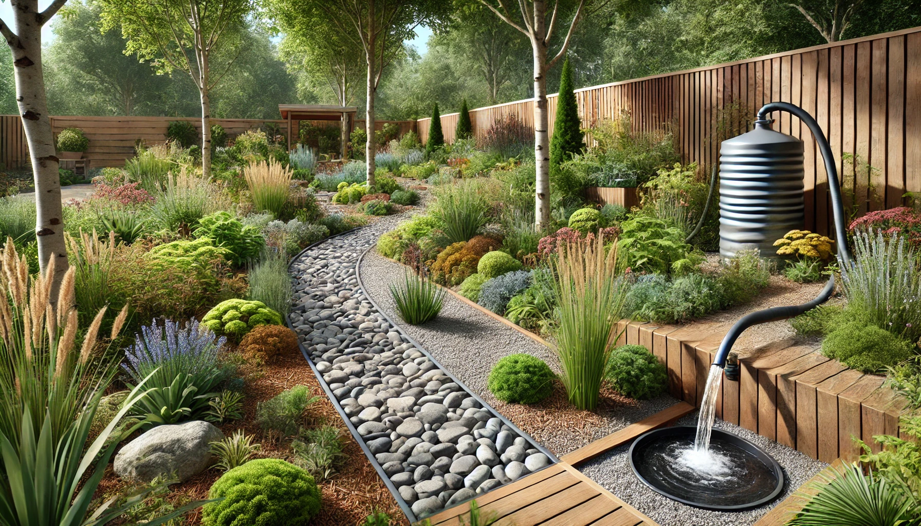 The Image Of A Sustainable Garden Featuring Native Plants, A Rainwater Harvesting System, And Eco Friendly Landscaping Elements That Blend With Nature.