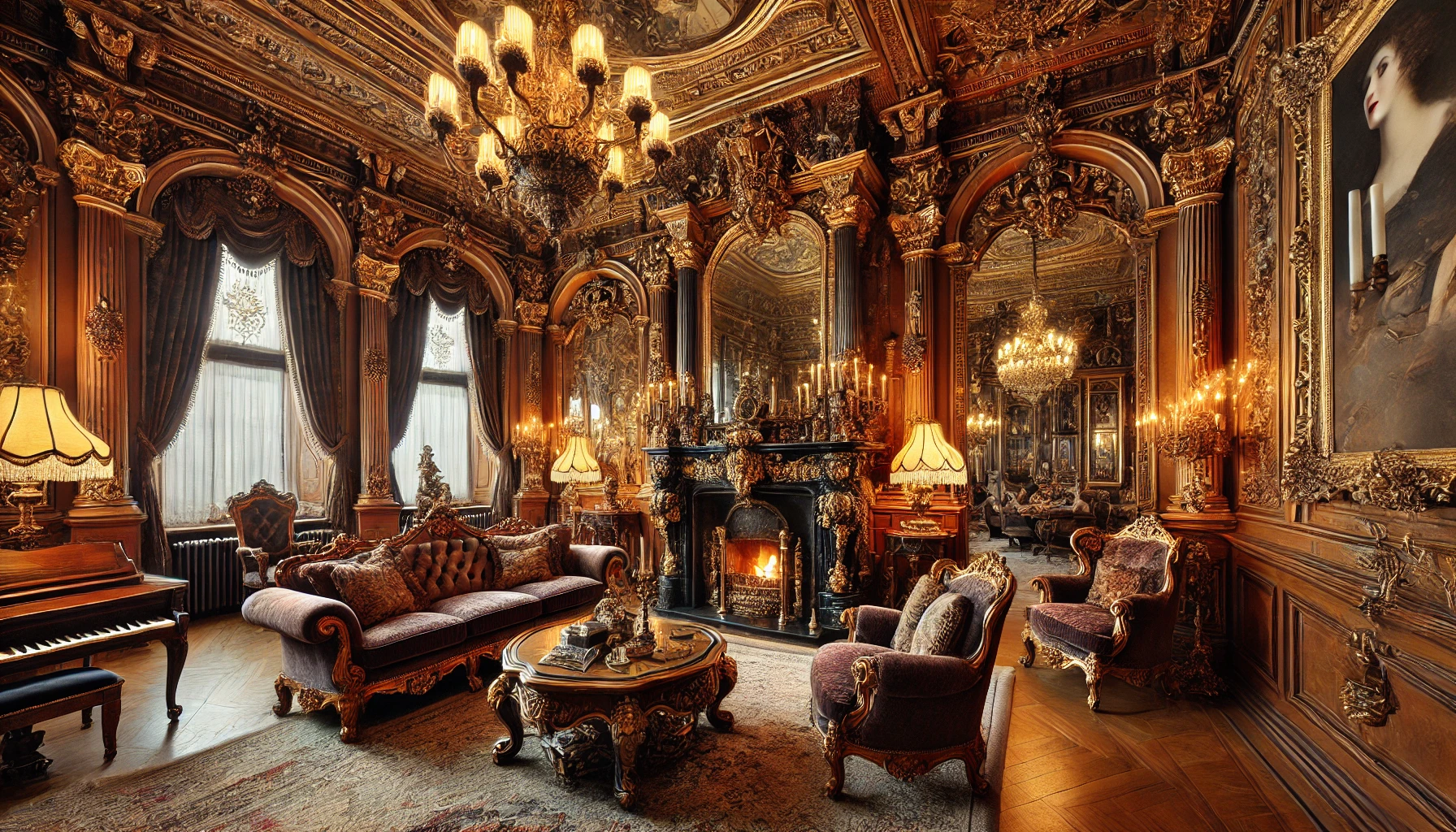 The Luxurious Victorian Living Room With Tall Ceilings, A Large Carved Fireplace, Velvet Upholstered Furniture, Gilded Mirrors, And Chandeliers Adding A Touch Of Opulence.