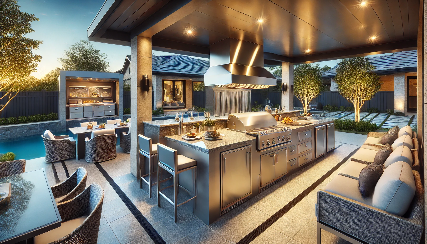 The Luxurious Outdoor Kitchen Featuring Stainless Steel Appliances, Granite Countertops, And Ample Storage, Perfect For Entertaining In A Modern Backyard.