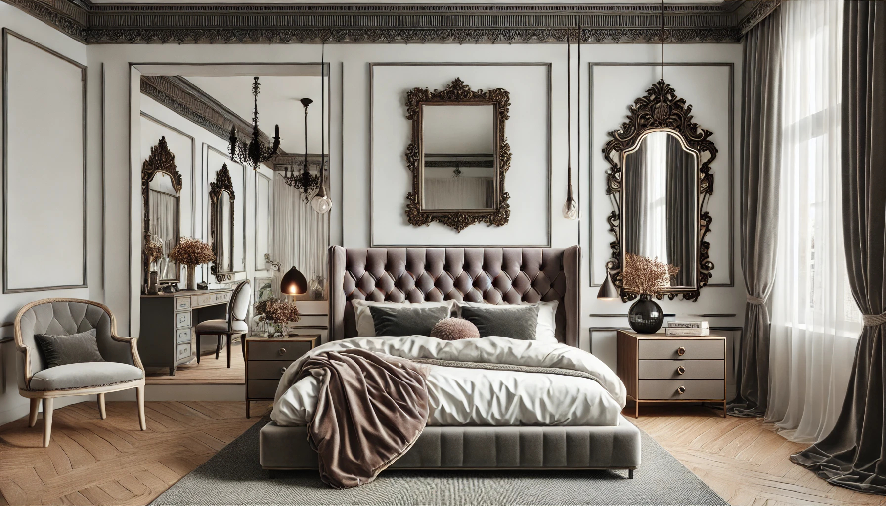 The Modern Bedroom With Victorian Inspired Touches, Including A Tufted Velvet Headboard, Vintage Mirrors, And Sleek Bedding.