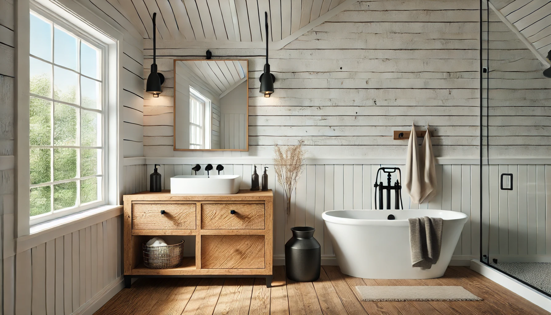 The Modern Farmhouse Bathroom Image Featuring White Shiplap Walls, A Rustic Wooden Vanity, Matte Black Fixtures, And A Freestanding Tub. It Combines Rustic Charm With Sleek, Modern Elements.