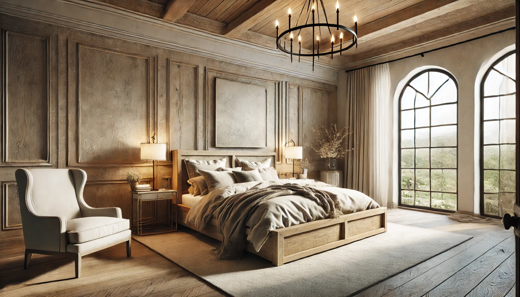 The Modern Farmhouse Bedroom, Featuring Refined Decor, Luxurious Bedding, And Sophisticated Lighting.