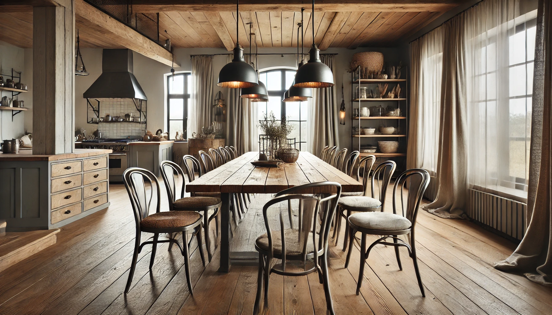 The Modern Farmhouse Dining Room Image With A Large Rustic Wooden Table, Sleek Metal Chairs, And Soft Linen Cushions, Combining Vintage And Contemporary Furniture Styles In A Cozy, Inviting Setting.