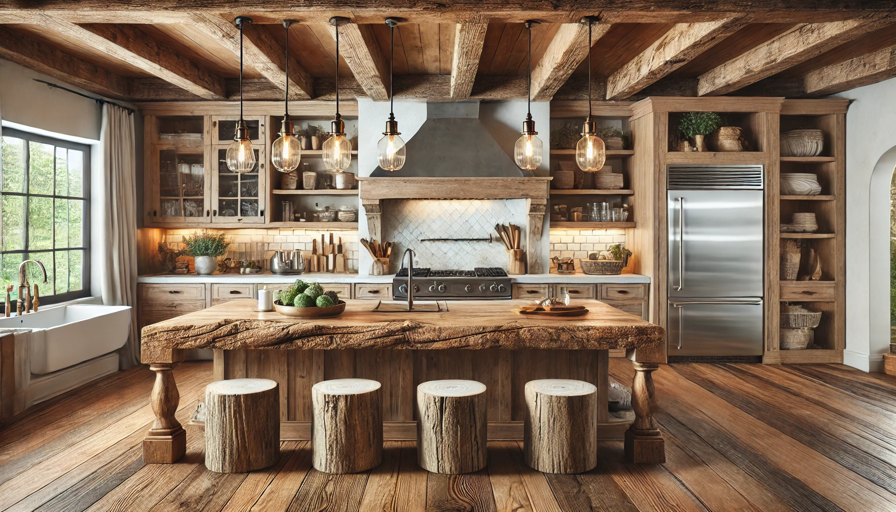 The Modern Farmhouse Kitchen Image With A Large Reclaimed Wood Island, Vintage Pendant Lights, Open Shelving, And Stainless Steel Appliances, Blending Old World Charm With Modern Convenience.