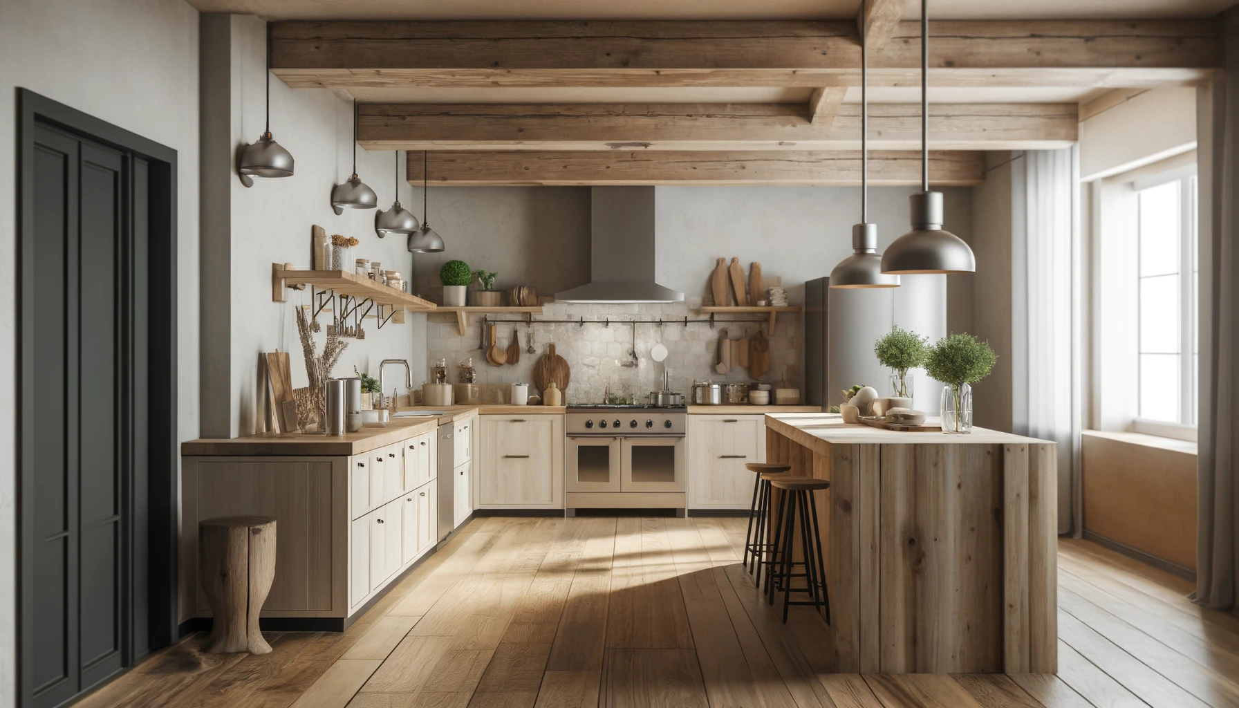 The Modern Farmhouse Kitchen Image With Natural Wood Accents, Stone Countertops, Neutral Walls, And Sleek, Industrial Lighting. It Blends Rustic Charm With Modern Design Elements Perfectly.