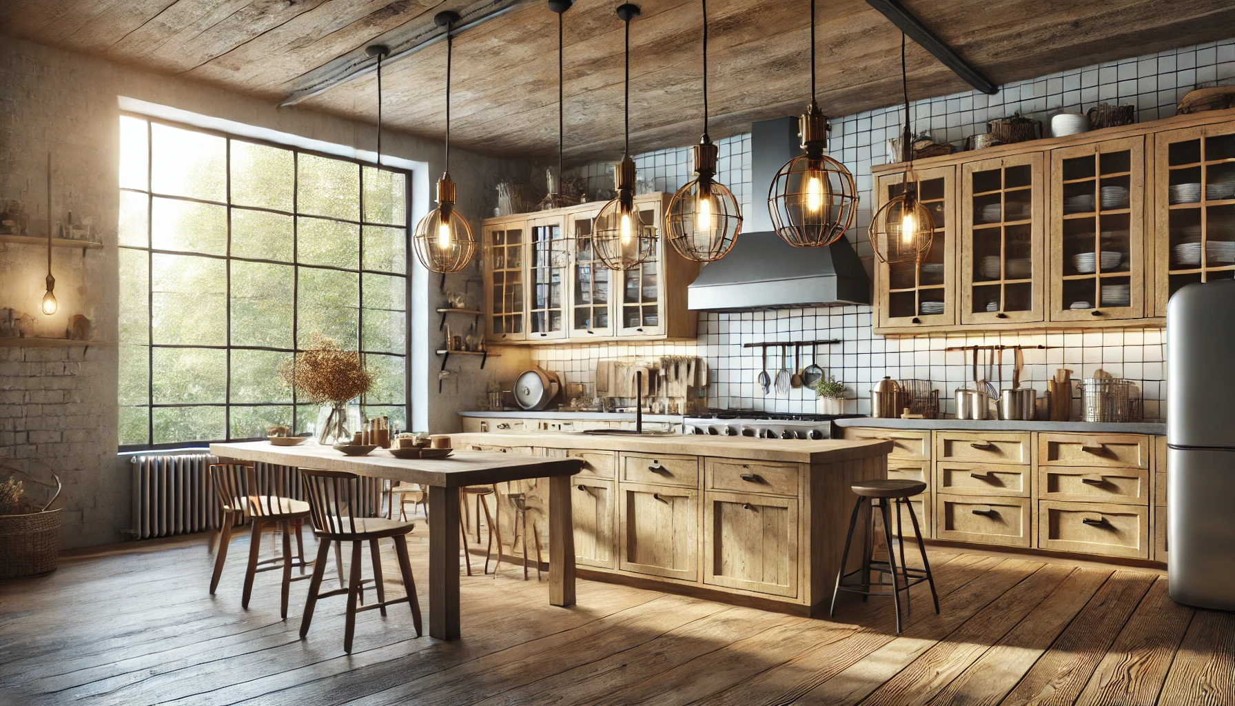 The Modern Farmhouse Kitchen With Industrial Pendant Lights, Large Windows, And Rustic Wooden Furniture, Creating A Bright And Welcoming Space That Balances Old And New.