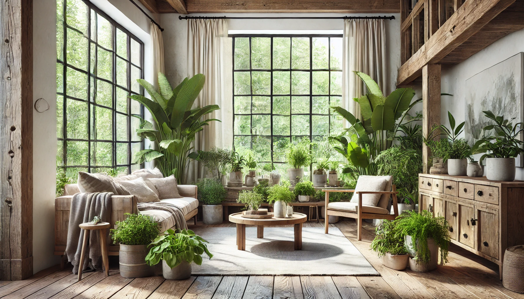 The Modern Farmhouse Living Room Design Featuring Potted Plants, Large Windows, And Rustic Wooden Furniture, Creating A Fresh And Vibrant Space With Natural Elements.