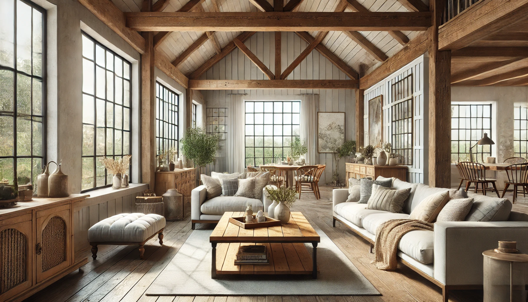 The Modern Farmhouse Living Room Image With Large Windows, Wooden Beams, Neutral Colors, And Rustic Furniture Blended With Contemporary Decor, Exuding Warmth And Charm.