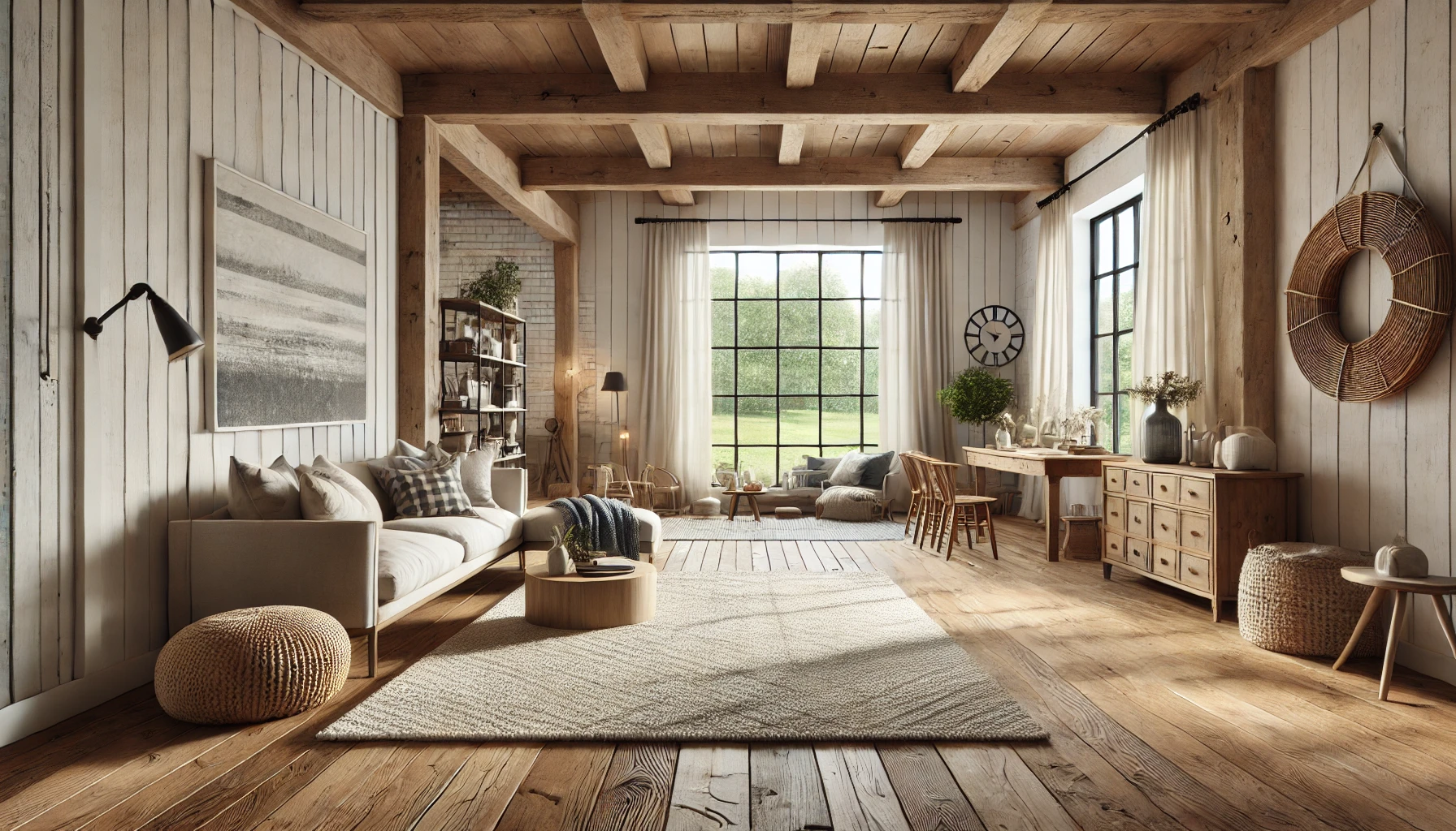 The Modern Farmhouse Living Room Image With Wide Plank Hardwood Floors, A Woven Rug, And Large Windows, Blending Rustic And Modern Materials For A Timeless Look.